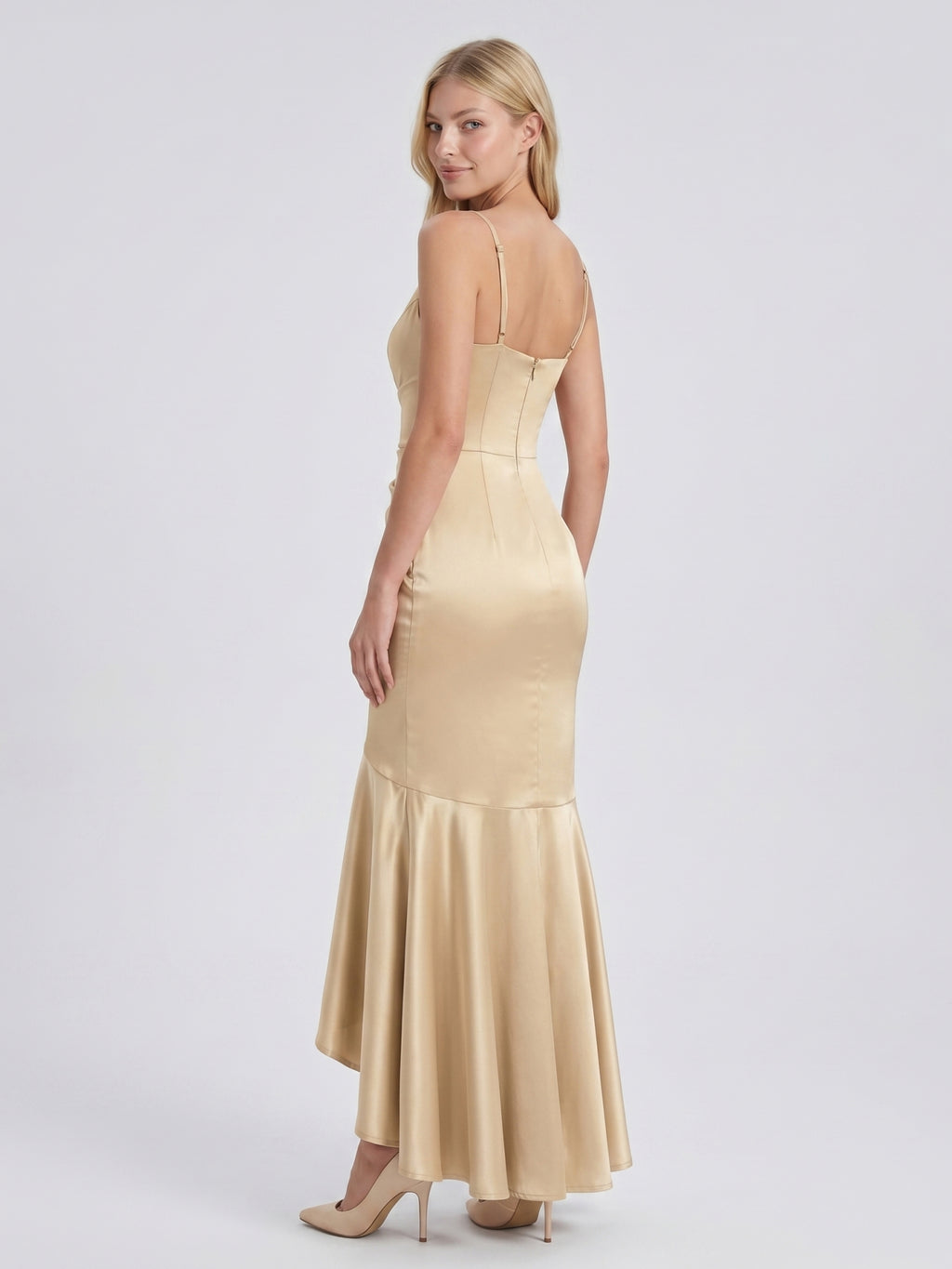 Champagne Satin Mermaid V-Neck Side Zip Asymmetrical Bridesmaid Dress with Pleated Accents