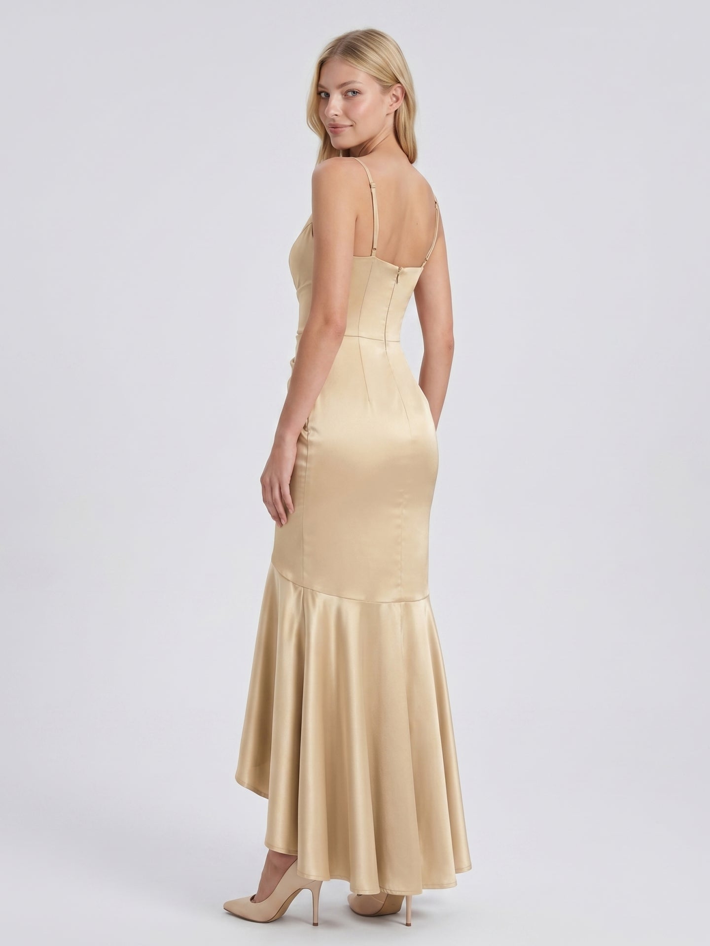 Champagne Satin Mermaid V-Neck Side Zip Asymmetrical Bridesmaid Dress with Pleated Accents