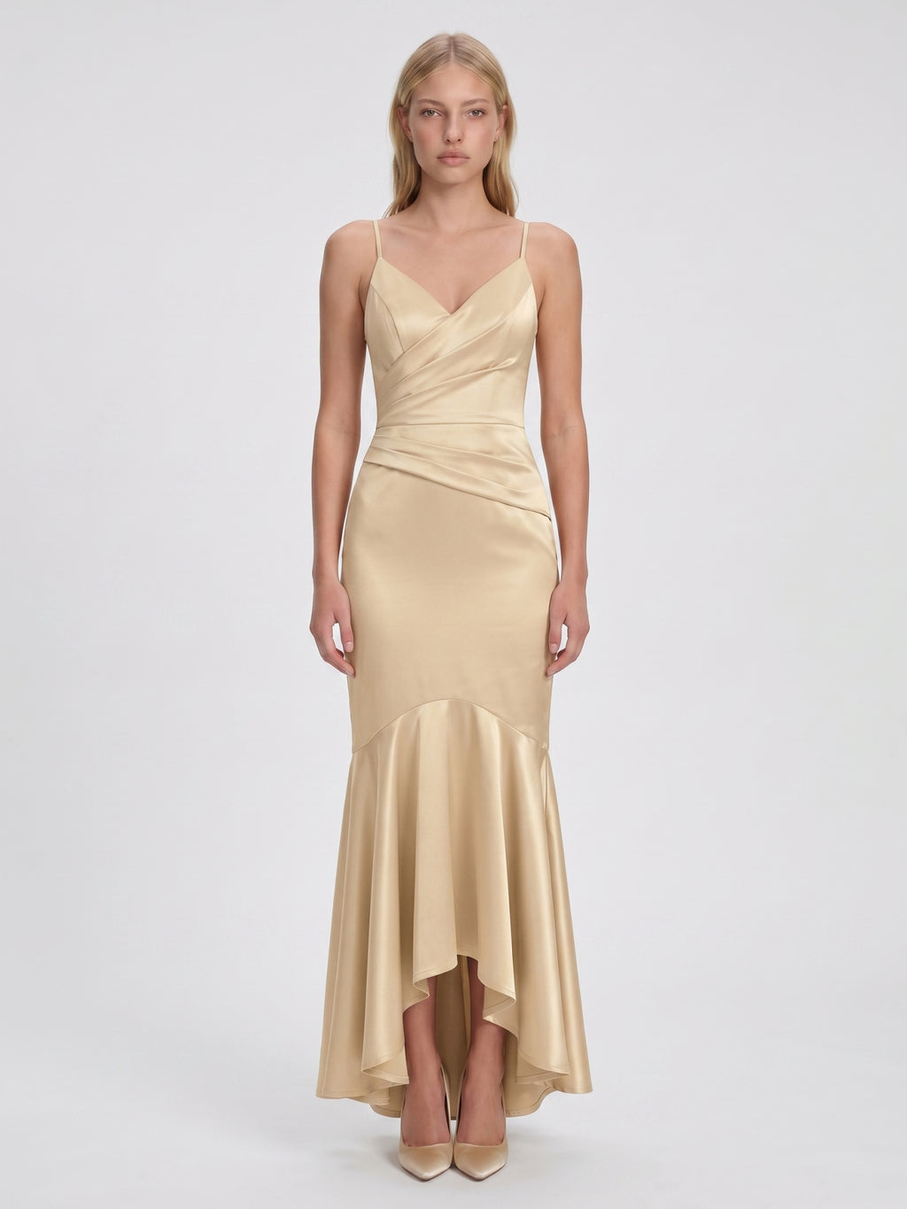 Champagne Satin Mermaid V-Neck Side Zip Asymmetrical Bridesmaid Dress with Pleated Accents