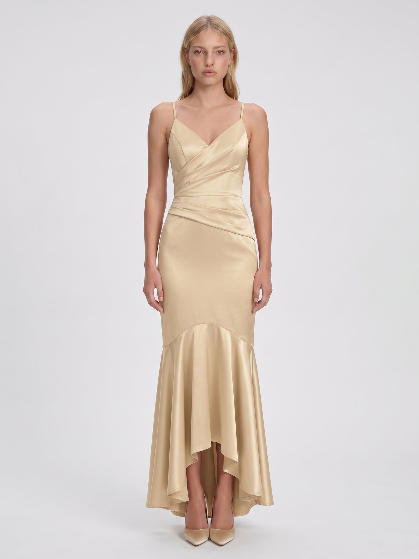 Champagne Satin Mermaid V-Neck Side Zip Asymmetrical Bridesmaid Dress with Pleated Accents