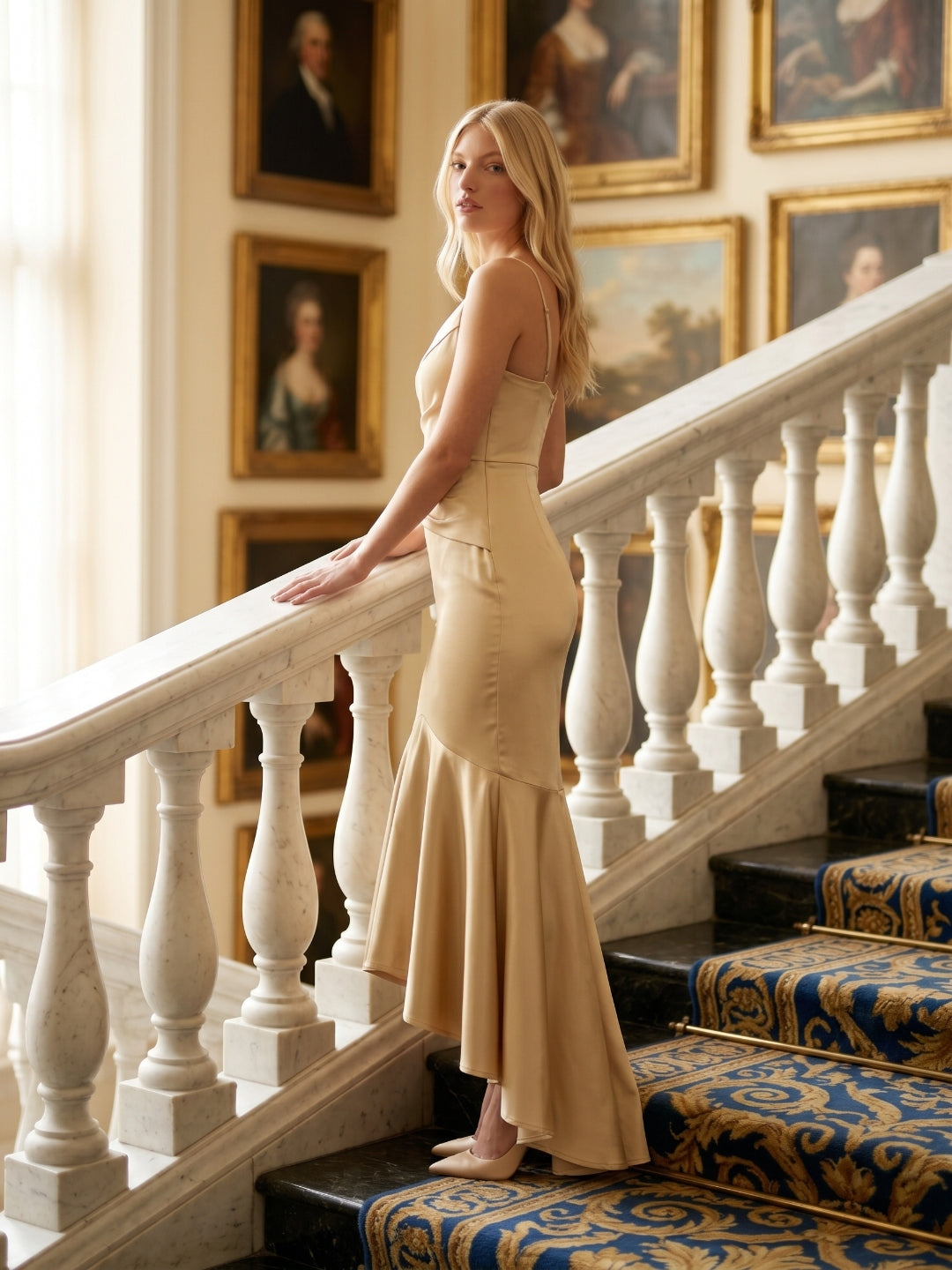 Champagne Satin Mermaid V-Neck Side Zip Asymmetrical Bridesmaid Dress with Pleated Accents