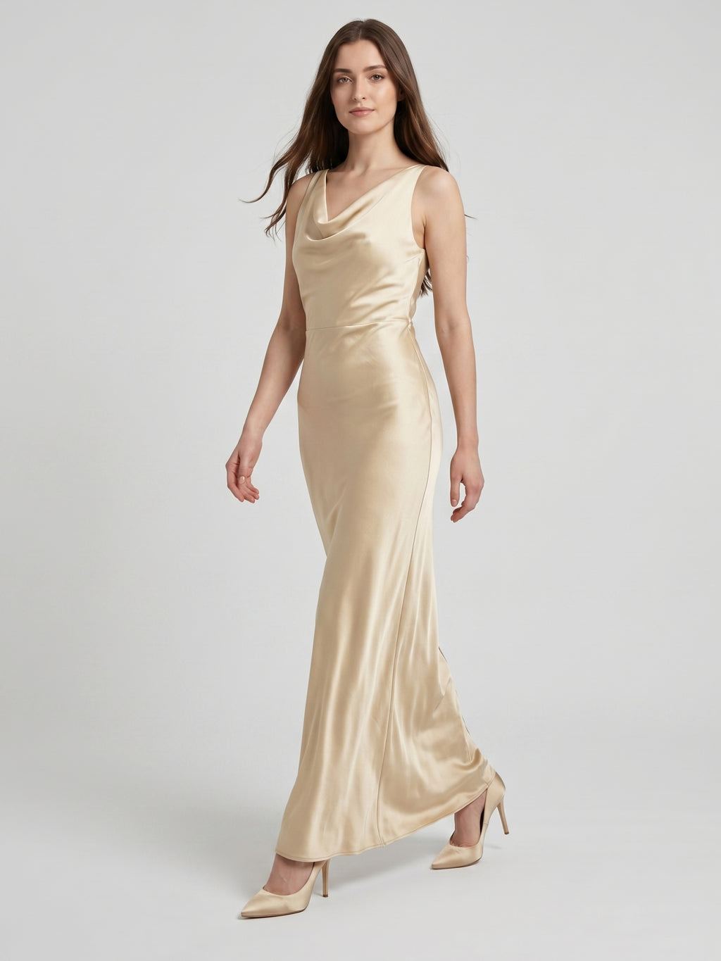 Champagne Satin Sheath Cowl Neck Back Zip Floor-Length Bridesmaid Dress