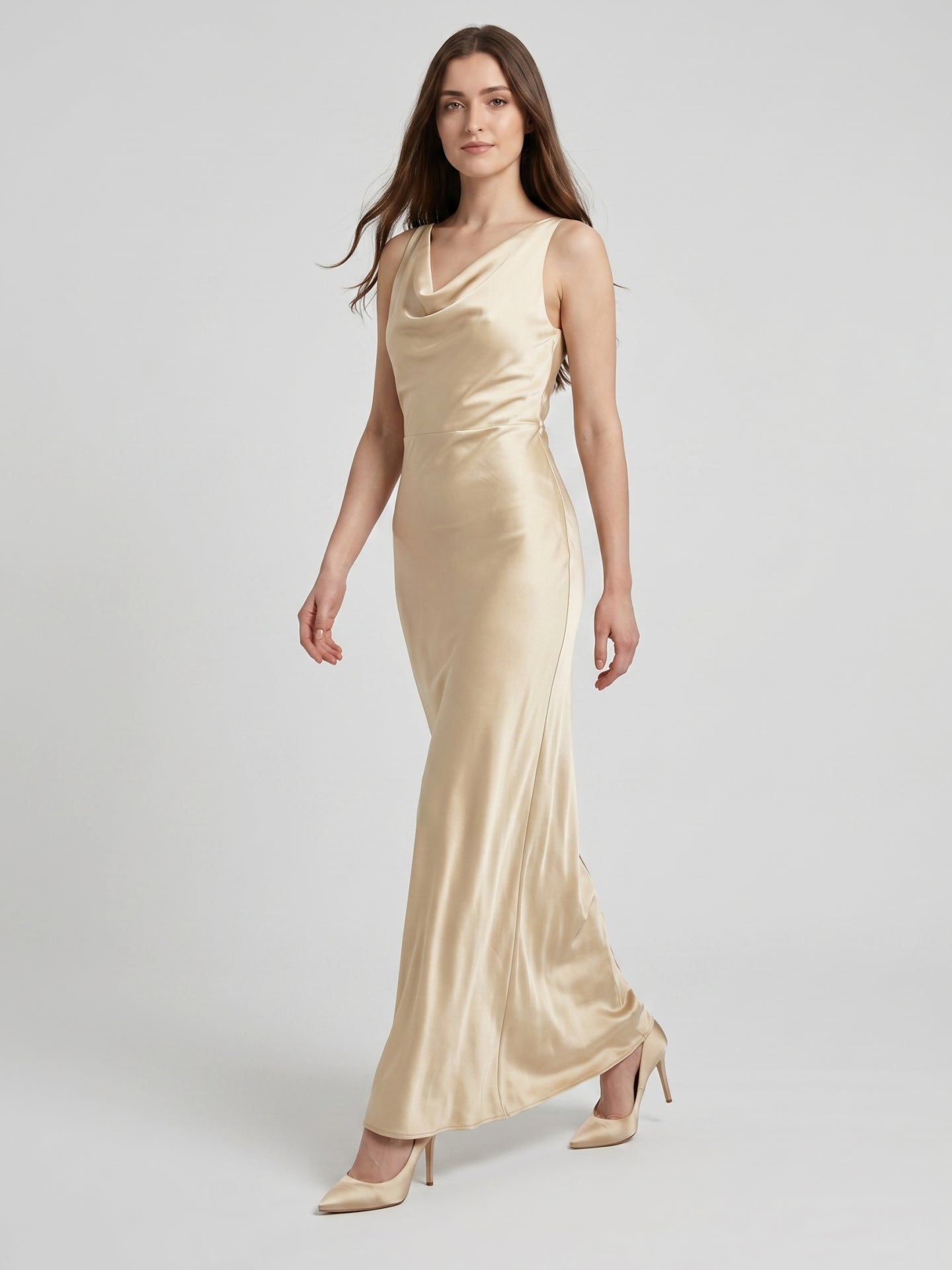 Champagne Satin Sheath Cowl Neck Back Zip Floor-Length Bridesmaid Dress