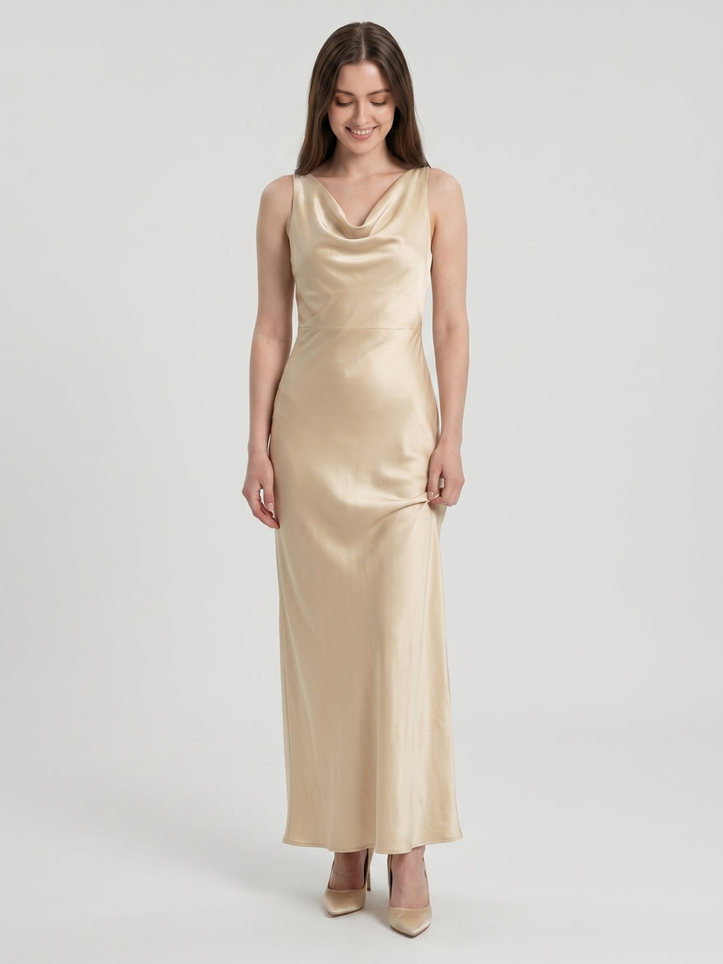 Champagne Satin Sheath Cowl Neck Back Zip Floor-Length Bridesmaid Dress