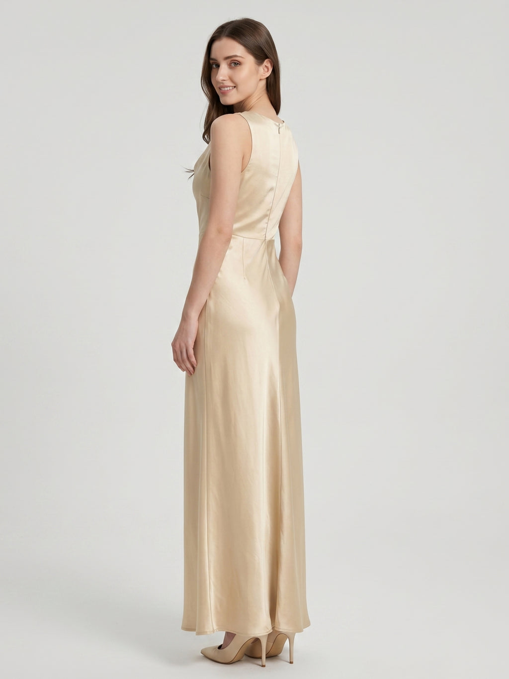 Champagne Satin Sheath Cowl Neck Back Zip Floor-Length Bridesmaid Dress