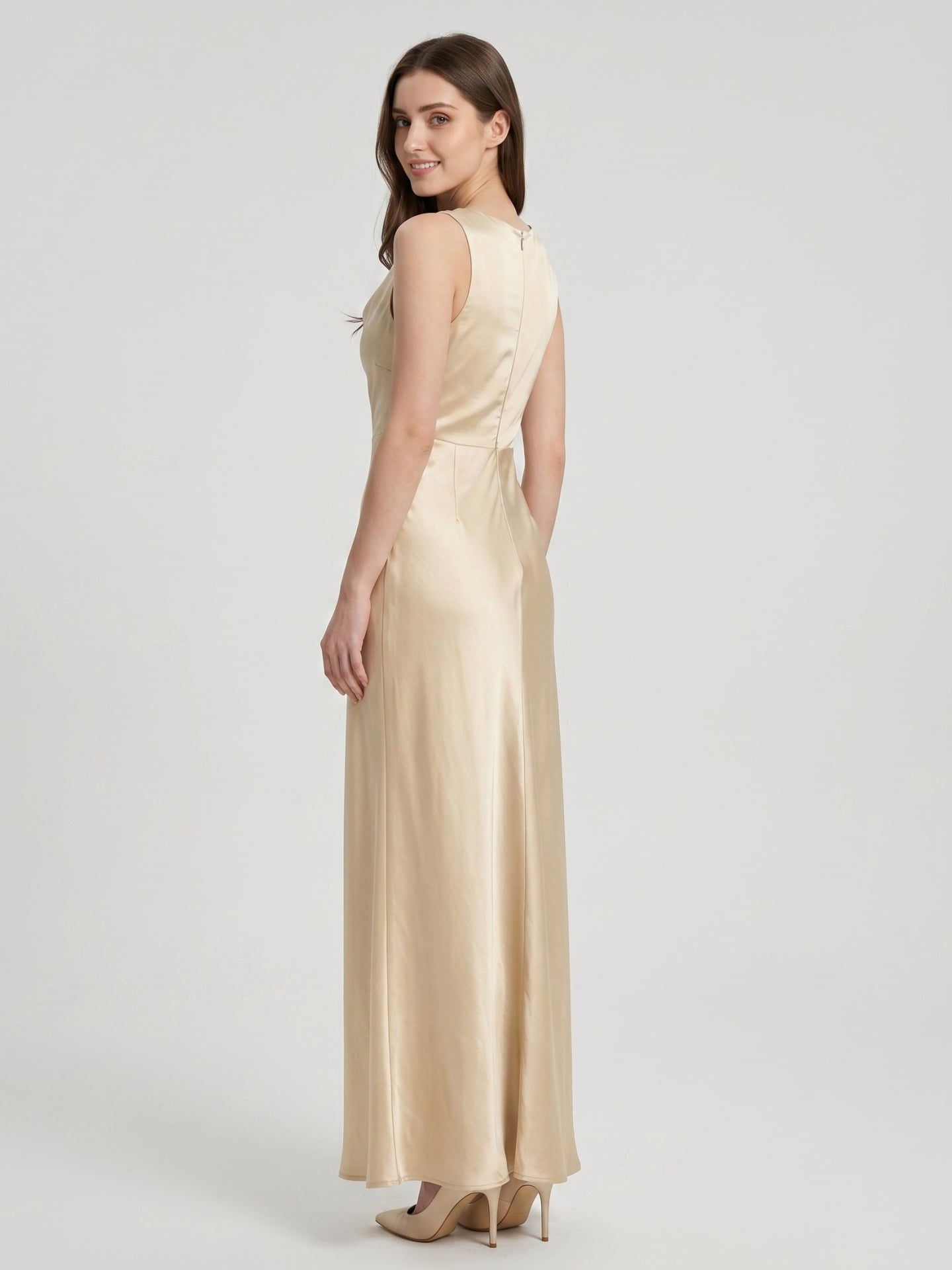 Champagne Satin Sheath Cowl Neck Back Zip Floor-Length Bridesmaid Dress