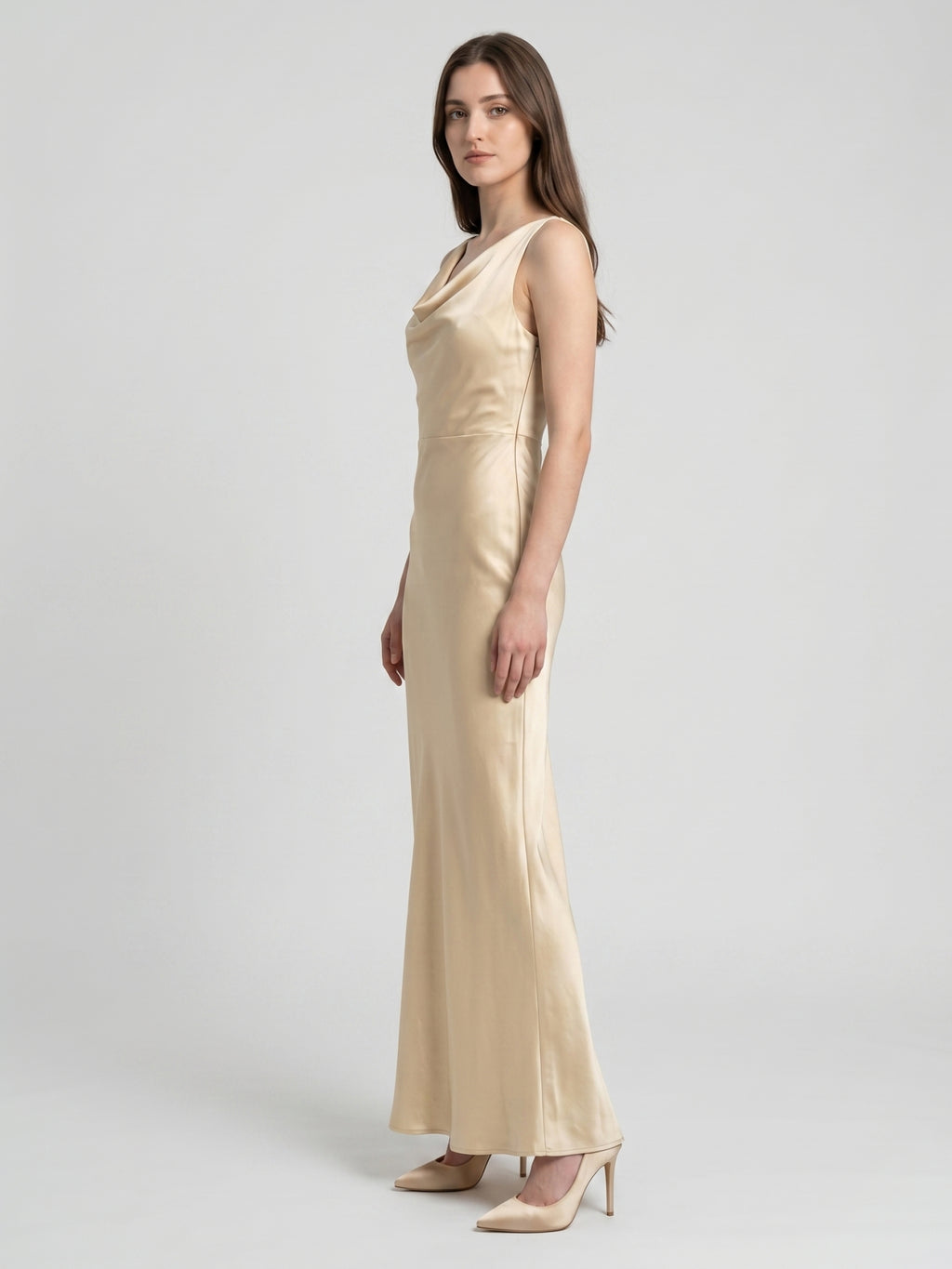Champagne Satin Sheath Cowl Neck Back Zip Floor-Length Bridesmaid Dress