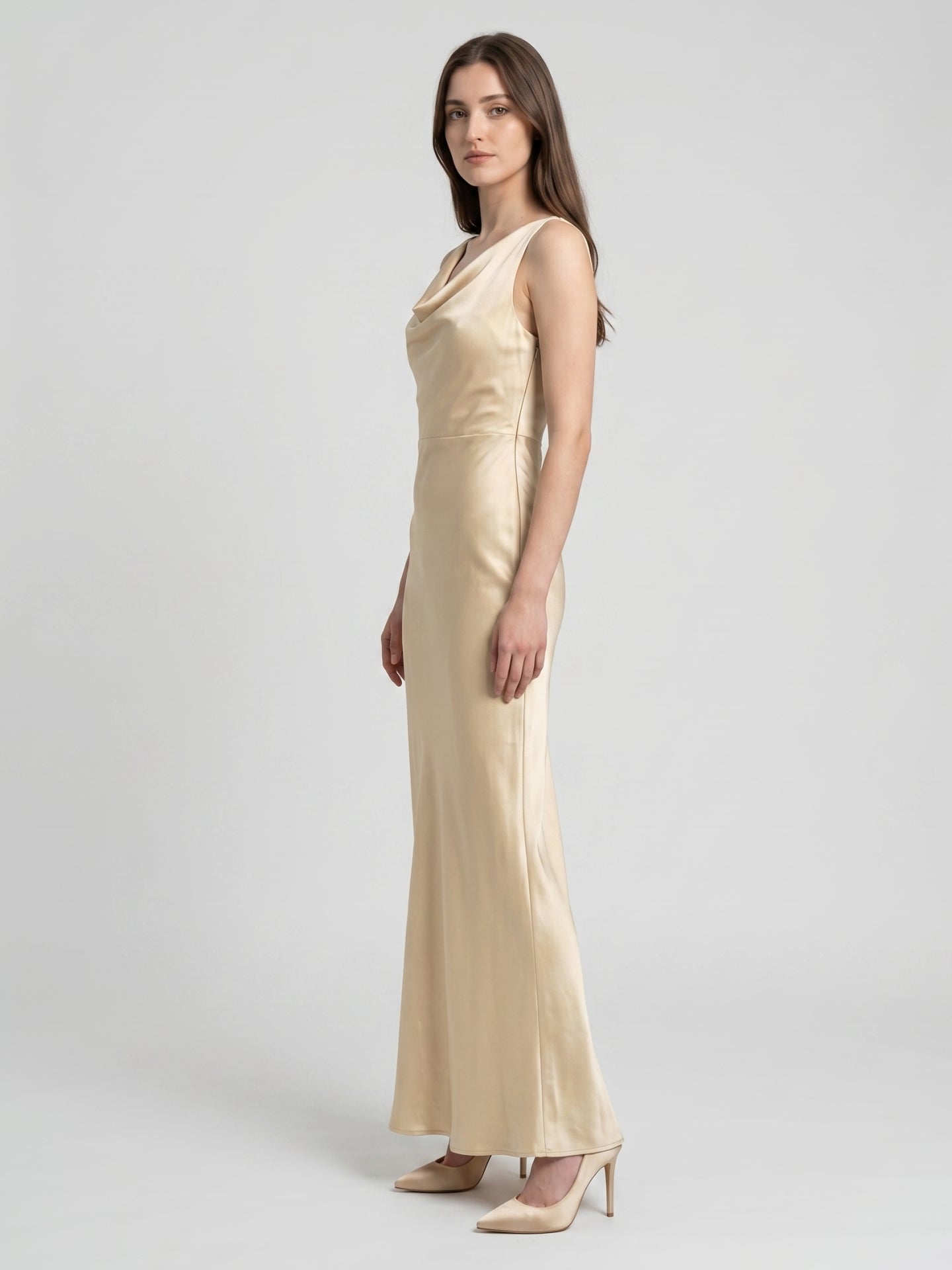 Champagne Satin Sheath Cowl Neck Back Zip Floor-Length Bridesmaid Dress
