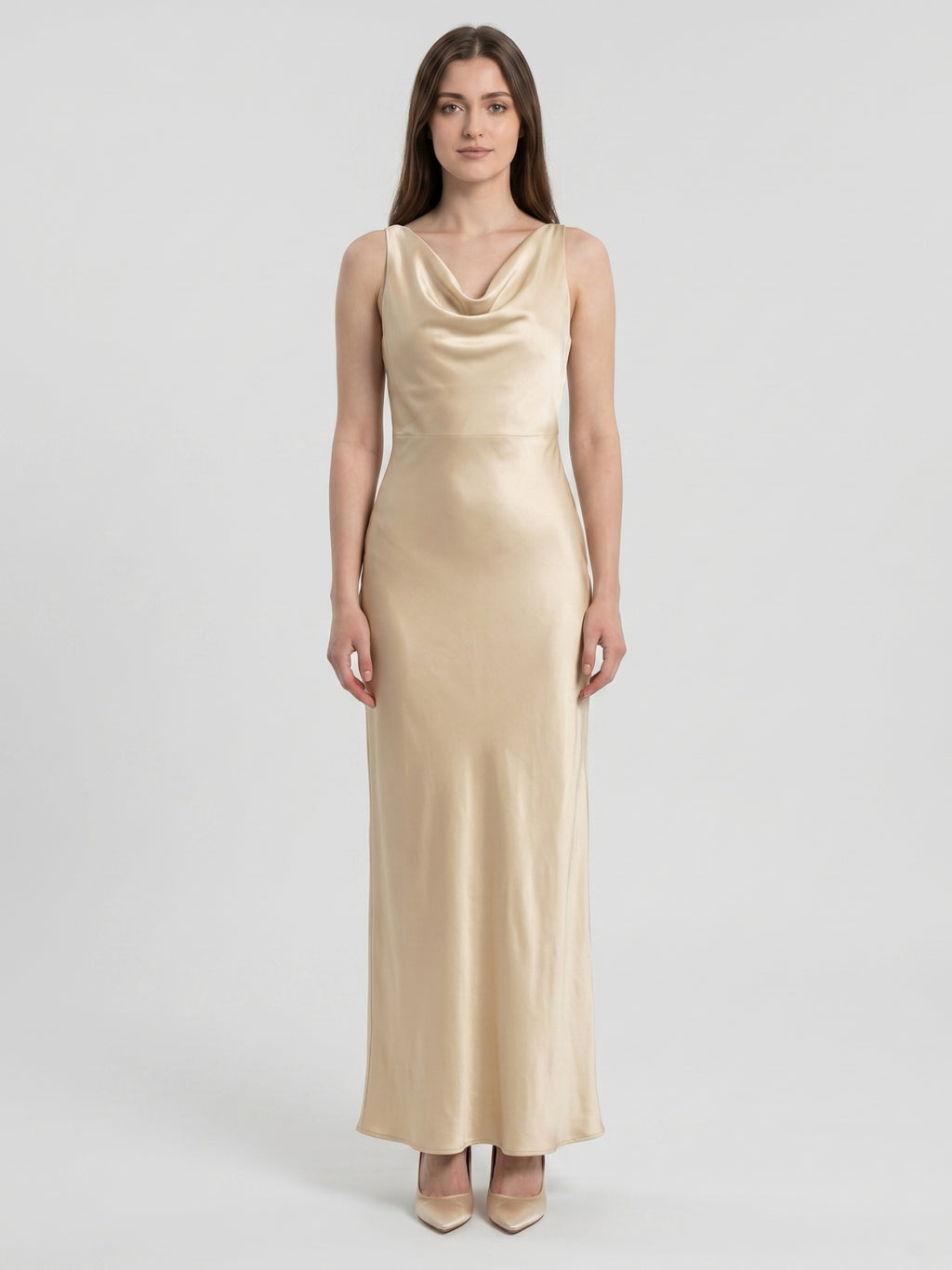 Champagne Satin Sheath Cowl Neck Back Zip Floor-Length Bridesmaid Dress