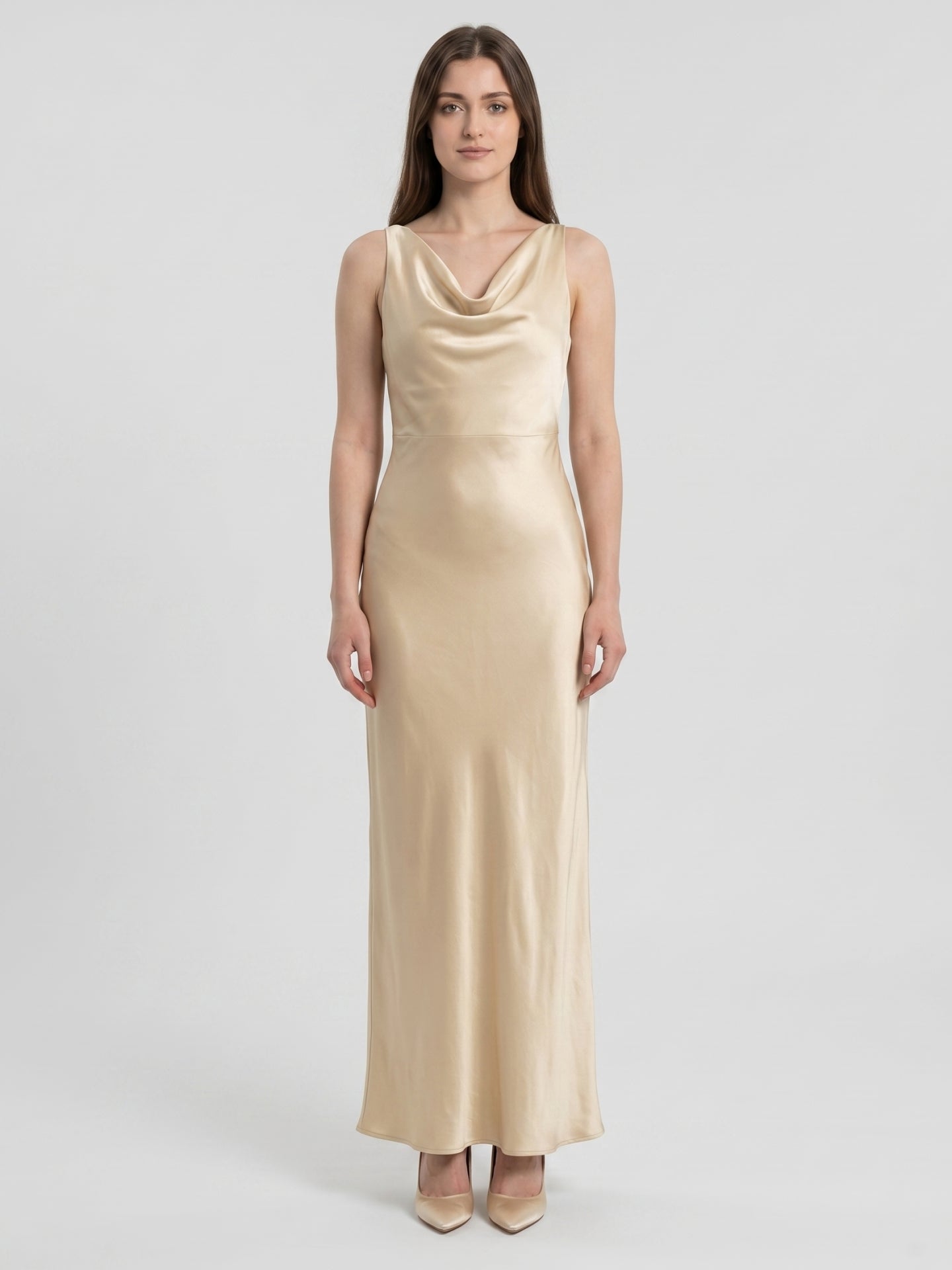 Champagne Satin Sheath Cowl Neck Back Zip Floor-Length Bridesmaid Dress