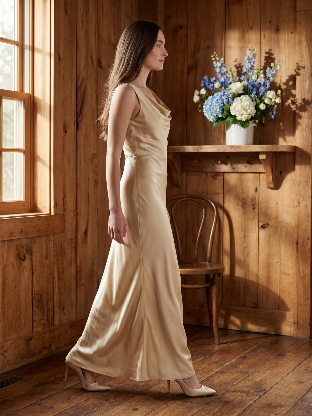 Champagne Satin Sheath Cowl Neck Back Zip Floor-Length Bridesmaid Dress