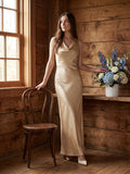 Champagne Satin Sheath Cowl Neck Back Zip Floor-Length Bridesmaid Dress