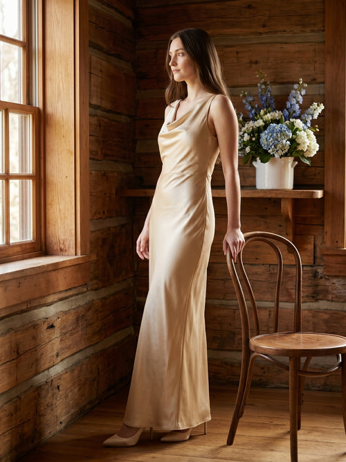 Champagne Satin Sheath Cowl Neck Back Zip Floor-Length Bridesmaid Dress