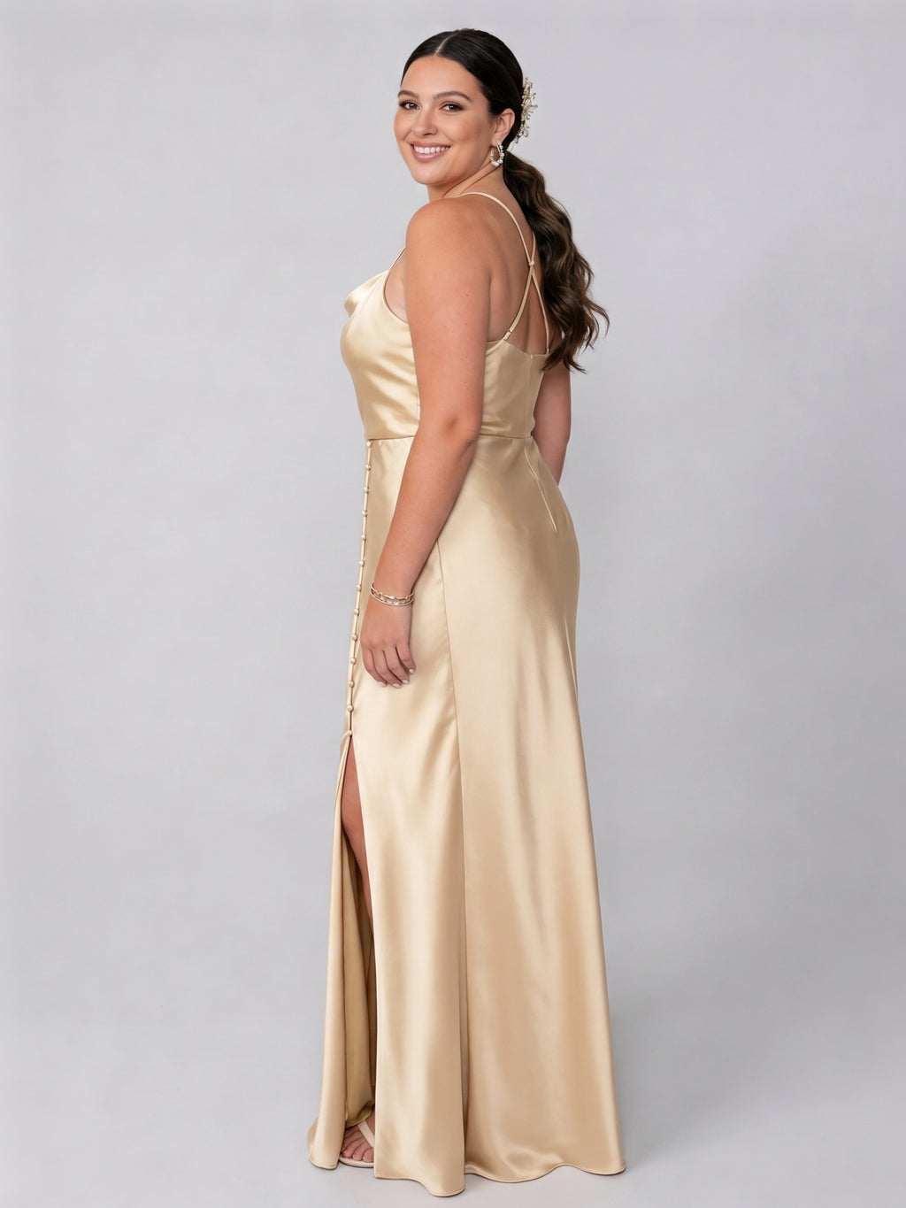 Champagne Satin Sheath Cowl Neck Backless Ankle-Length Plus Size Bridesmaid Dress