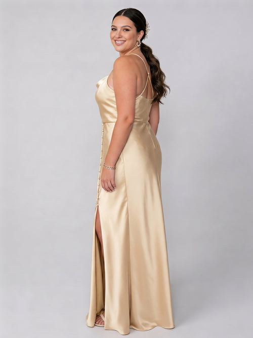 Champagne Satin Sheath Cowl Neck Backless Ankle-Length Plus Size Bridesmaid Dress