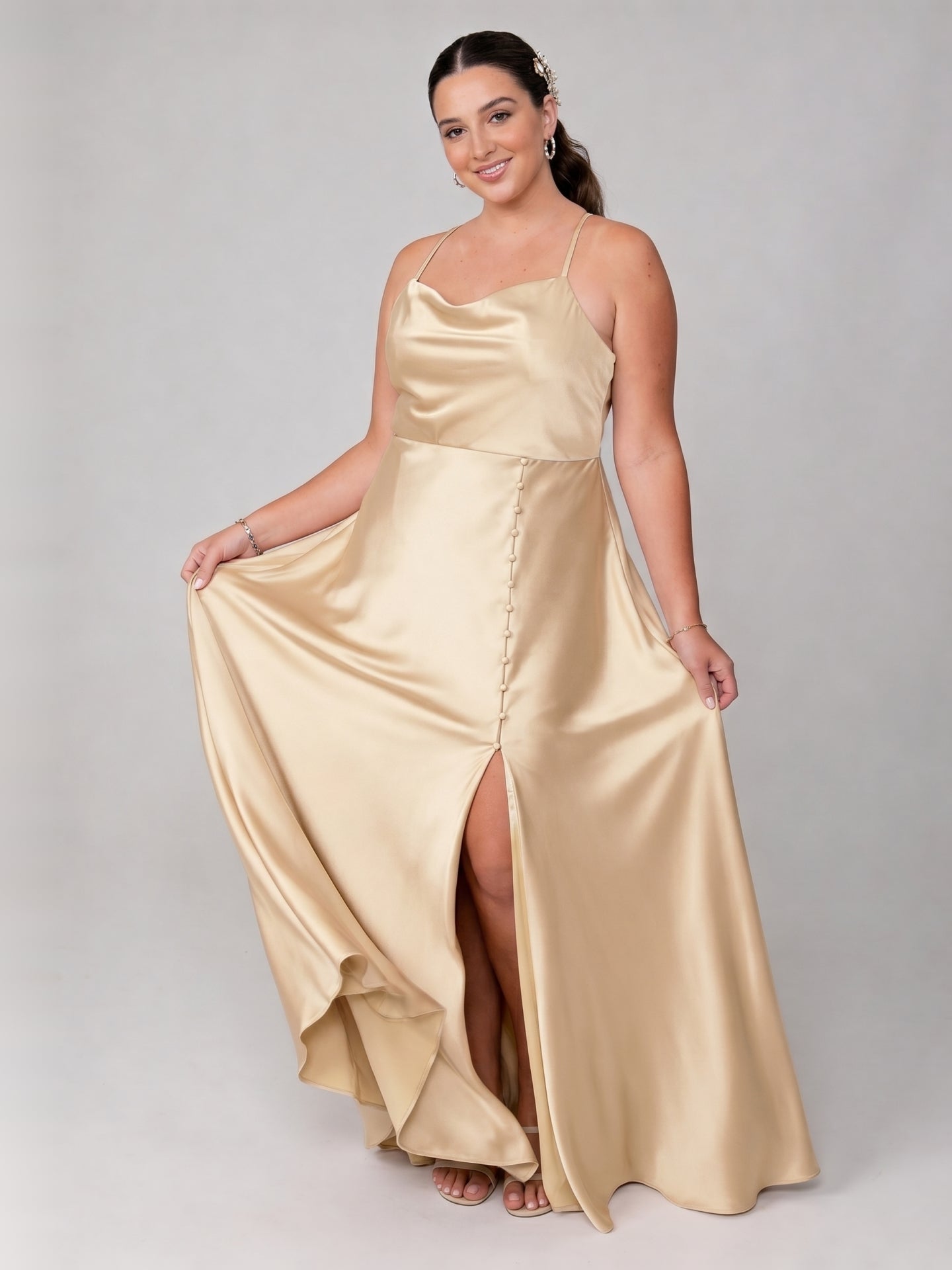 Champagne Satin Sheath Cowl Neck Backless Ankle-Length Plus Size Bridesmaid Dress