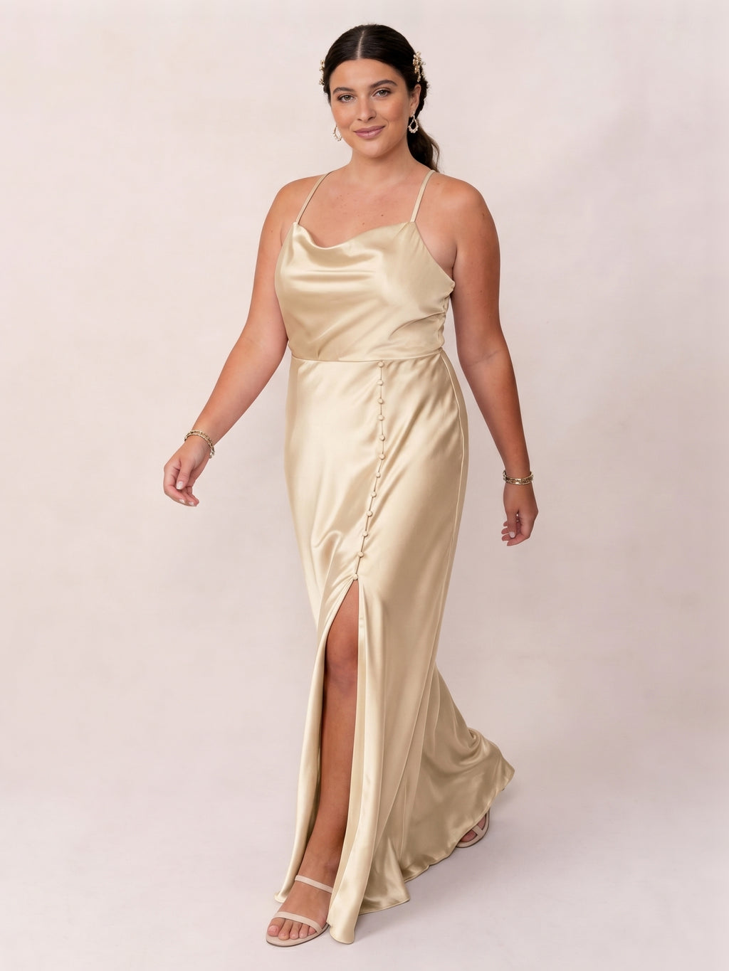 Champagne Satin Sheath Cowl Neck Backless Ankle-Length Plus Size Bridesmaid Dress