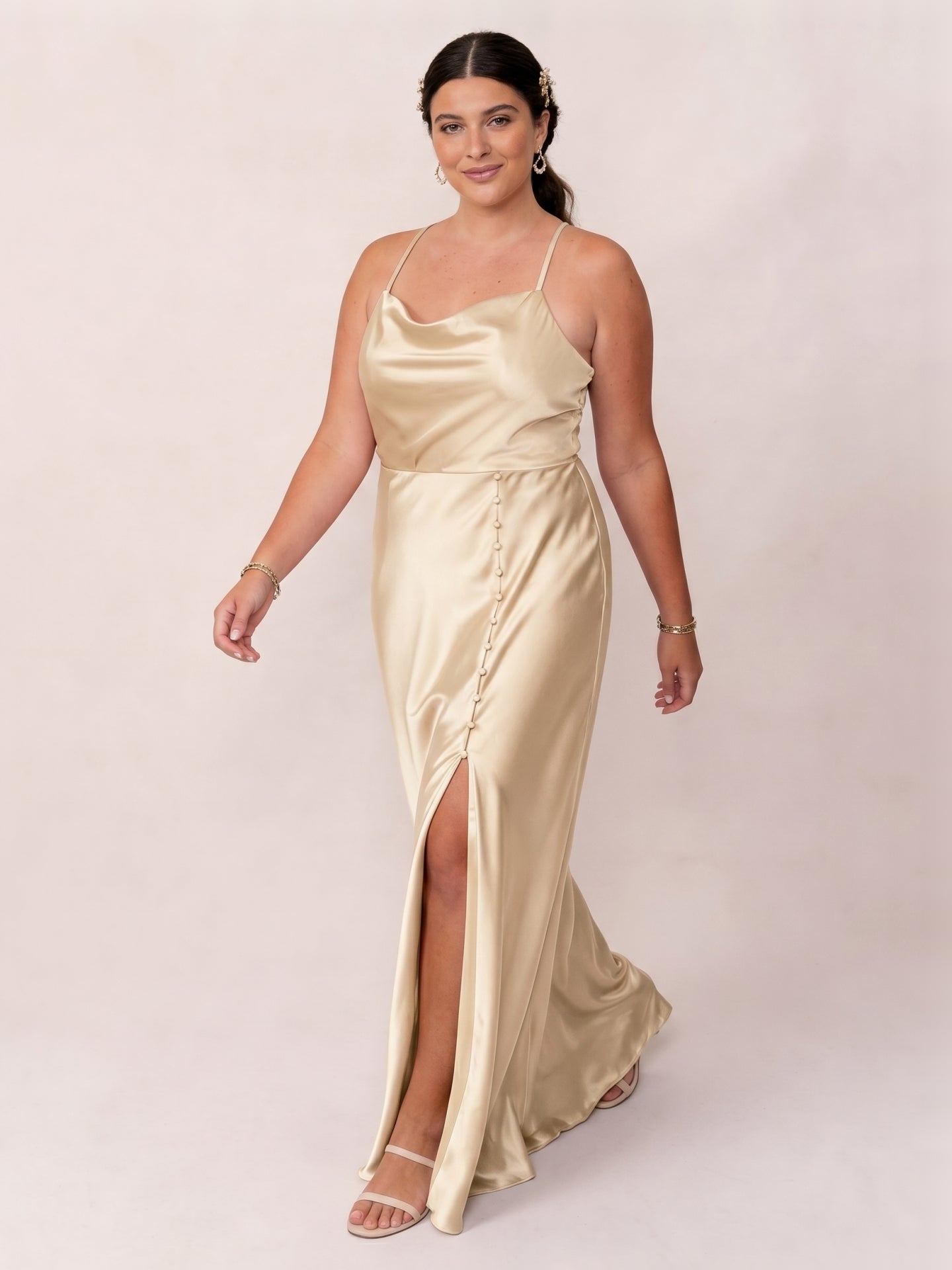 Champagne Satin Sheath Cowl Neck Backless Ankle-Length Plus Size Bridesmaid Dress