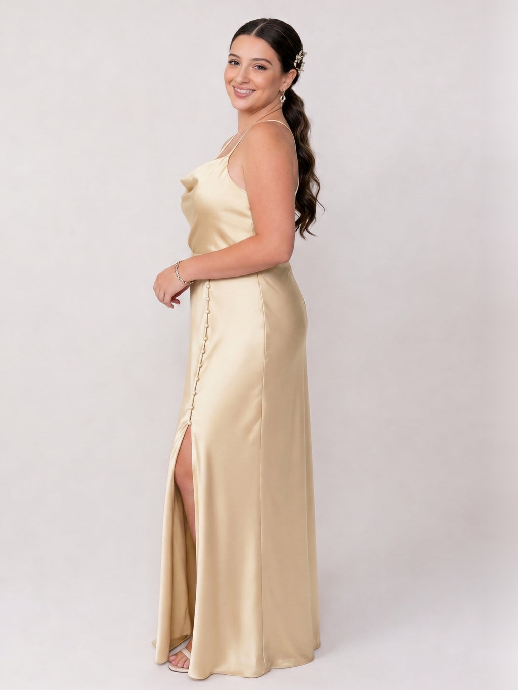 Champagne Satin Sheath Cowl Neck Backless Ankle-Length Plus Size Bridesmaid Dress
