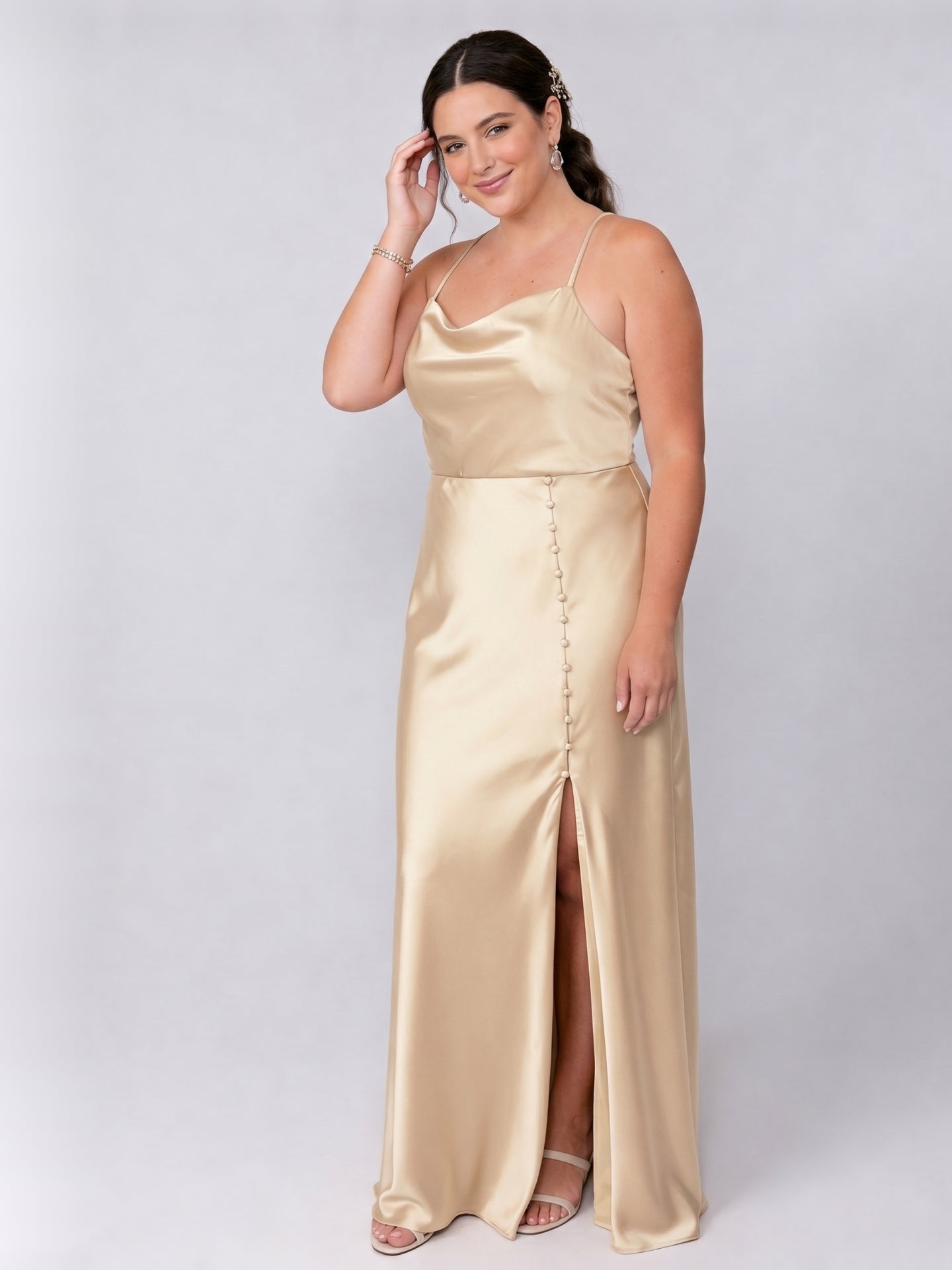 Champagne Satin Sheath Cowl Neck Backless Ankle-Length Plus Size Bridesmaid Dress