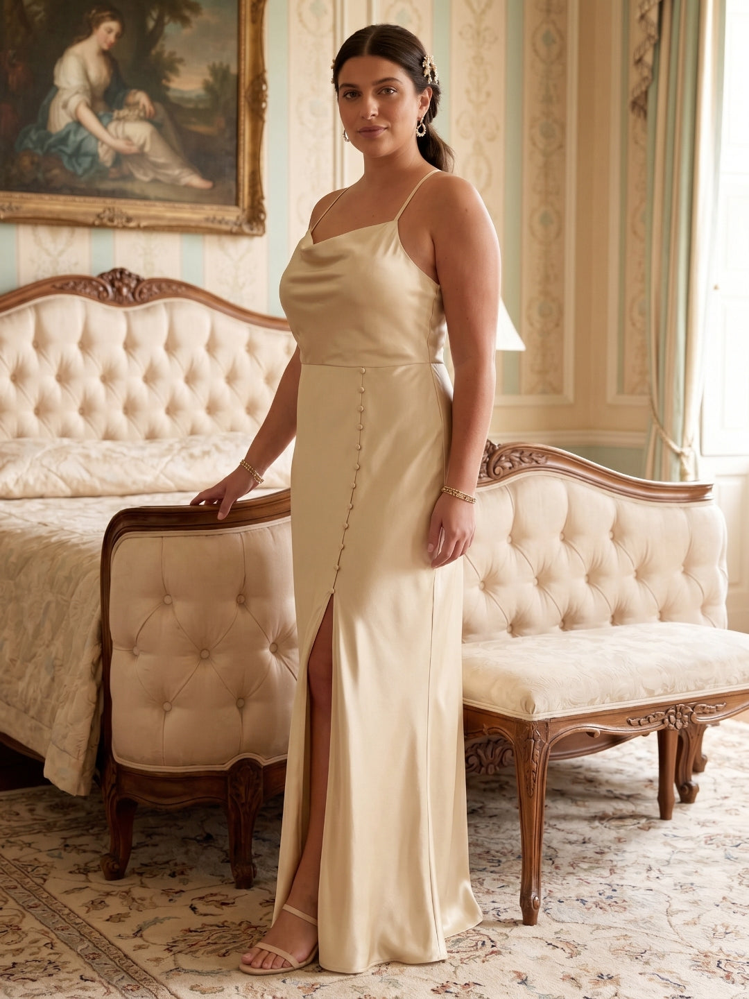Champagne Satin Sheath Cowl Neck Backless Ankle-Length Plus Size Bridesmaid Dress