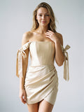 Champagne Satin Sheath Off-the-Shoulder Backless Short Homecoming Dress with Pleating