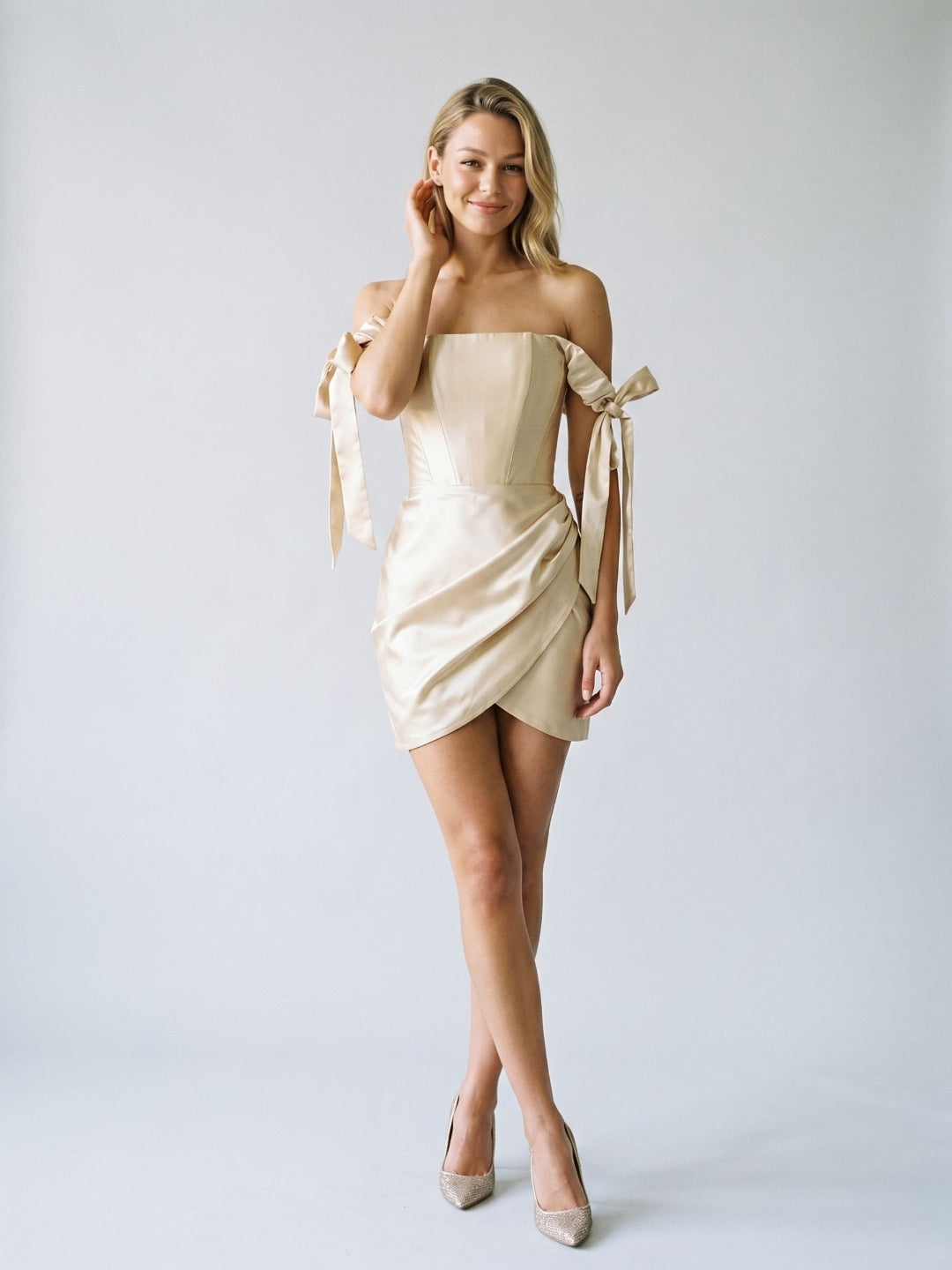 Champagne Satin Sheath Off-the-Shoulder Backless Short Homecoming Dress with Pleating