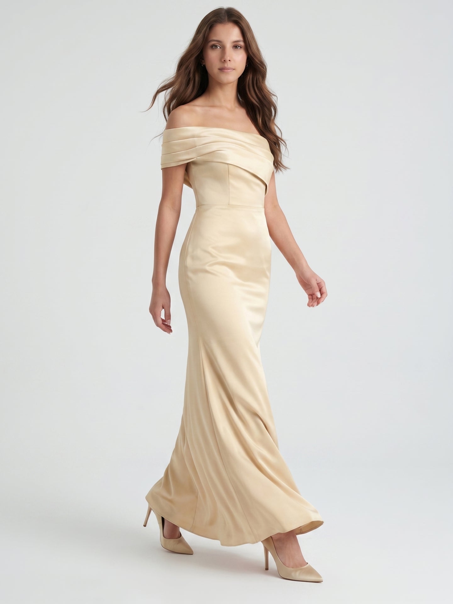 Champagne Satin Sheath Off-the-Shoulder Side Zip Floor-Length Bridesmaid Dress