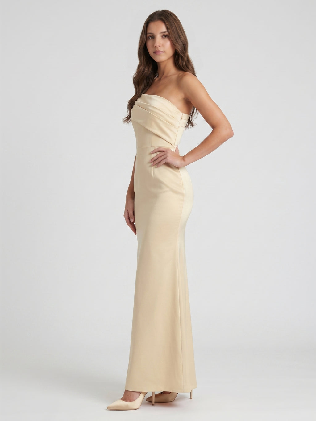 Champagne Satin Sheath Off-the-Shoulder Side Zip Floor-Length Bridesmaid Dress