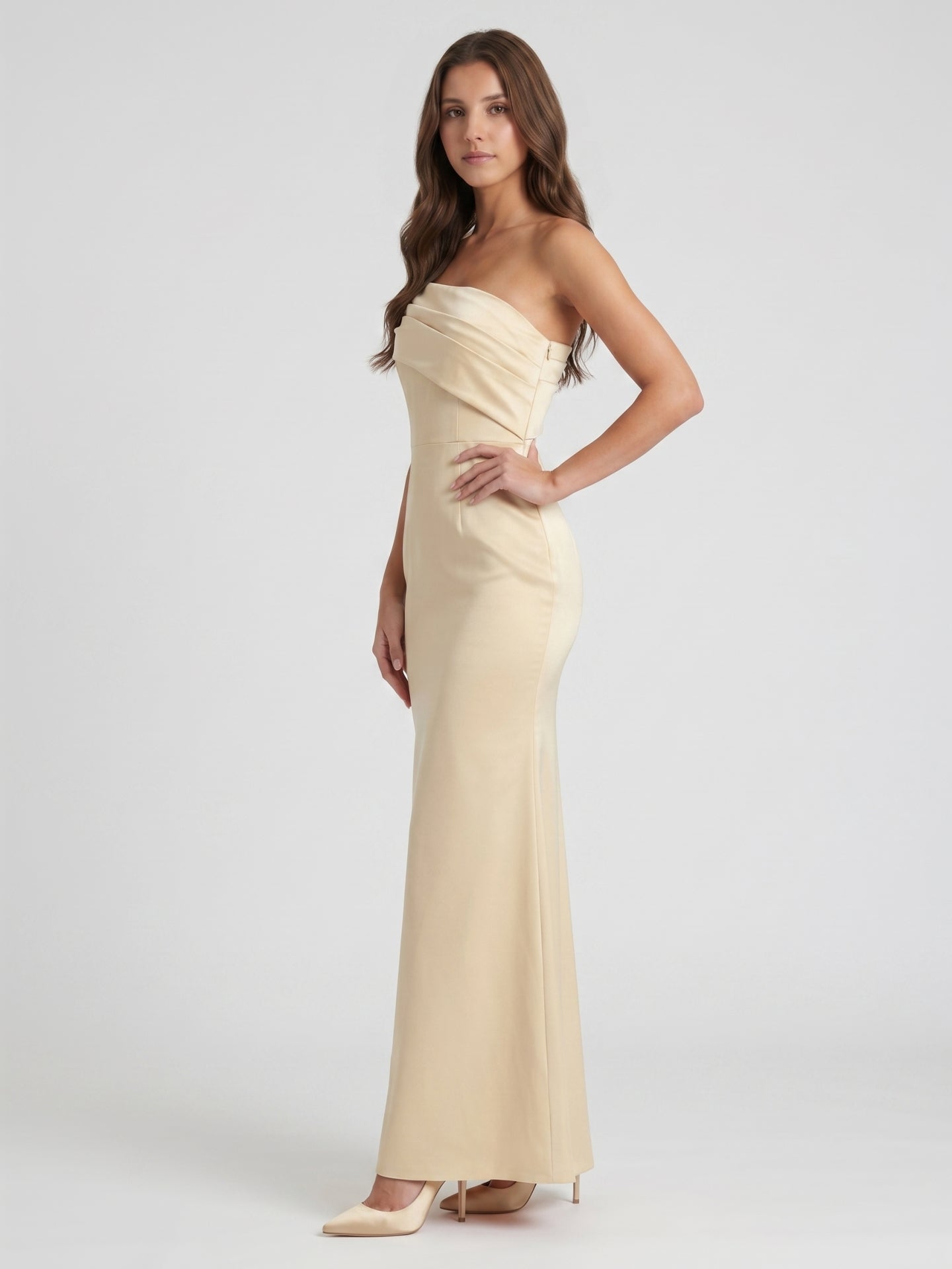 Champagne Satin Sheath Off-the-Shoulder Side Zip Floor-Length Bridesmaid Dress