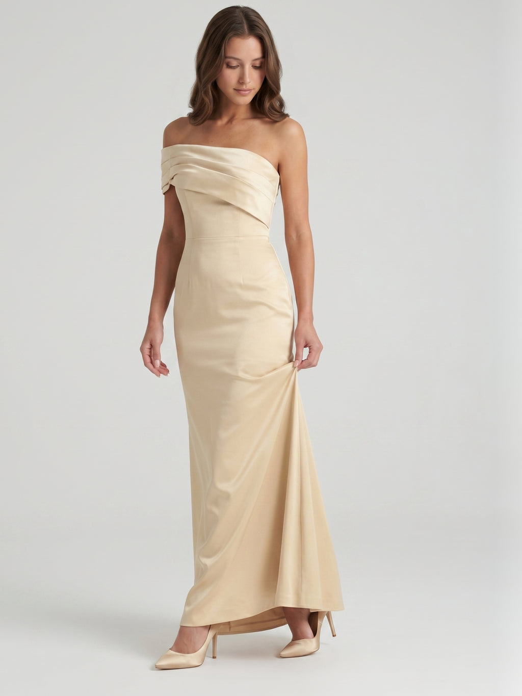 Champagne Satin Sheath Off-the-Shoulder Side Zip Floor-Length Bridesmaid Dress
