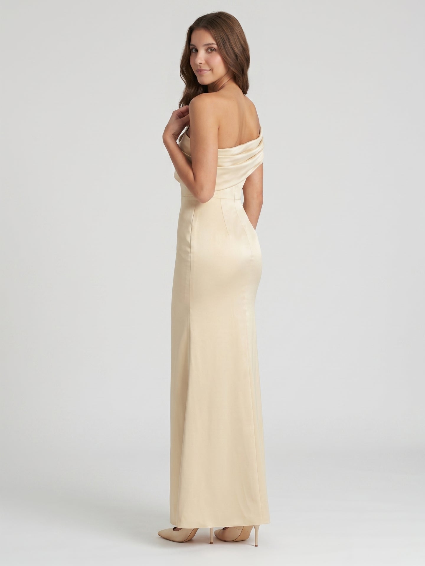 Champagne Satin Sheath Off-the-Shoulder Side Zip Floor-Length Bridesmaid Dress