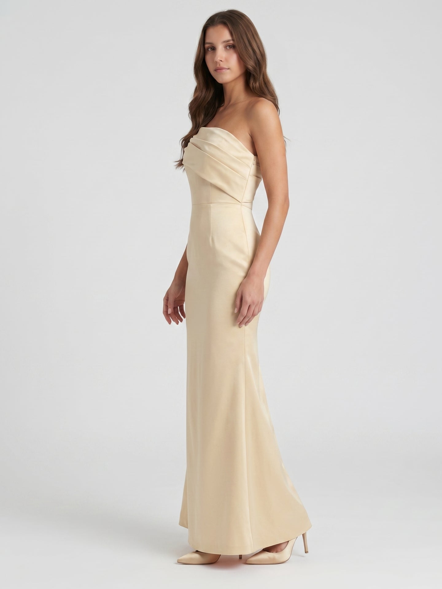 Champagne Satin Sheath Off-the-Shoulder Side Zip Floor-Length Bridesmaid Dress