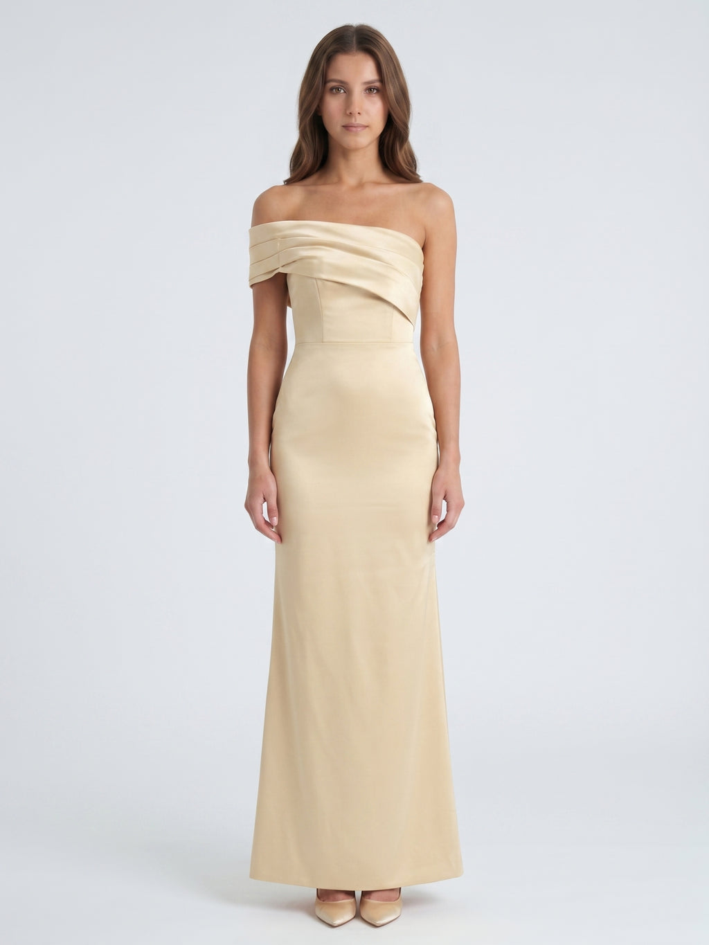 Champagne Satin Sheath Off-the-Shoulder Side Zip Floor-Length Bridesmaid Dress