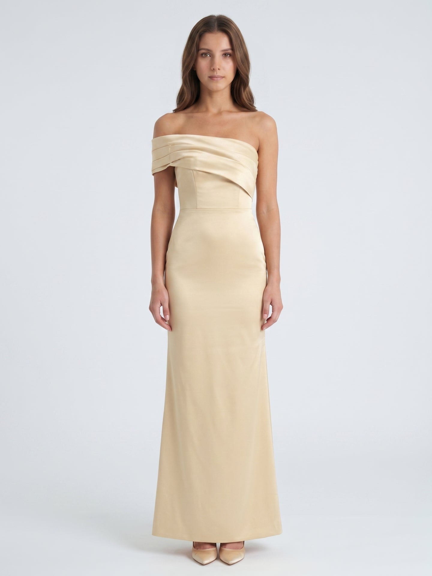 Champagne Satin Sheath Off-the-Shoulder Side Zip Floor-Length Bridesmaid Dress