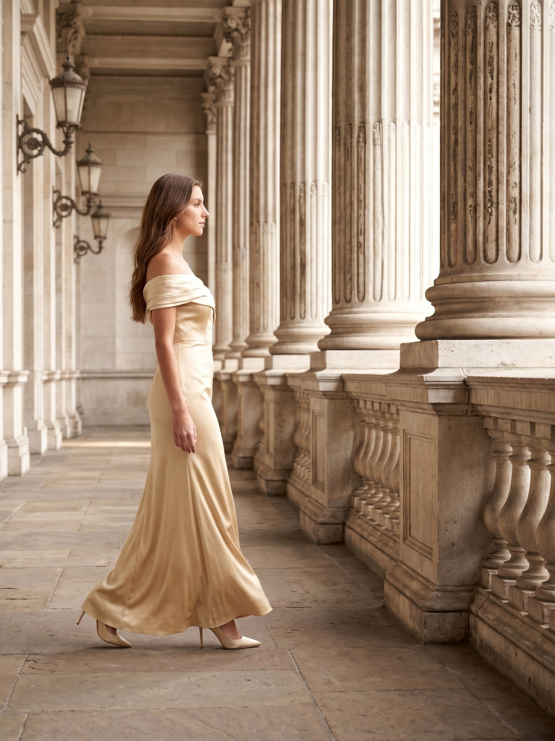 Champagne Satin Sheath Off-the-Shoulder Side Zip Floor-Length Bridesmaid Dress