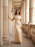Champagne Satin Sheath Off-the-Shoulder Side Zip Floor-Length Bridesmaid Dress