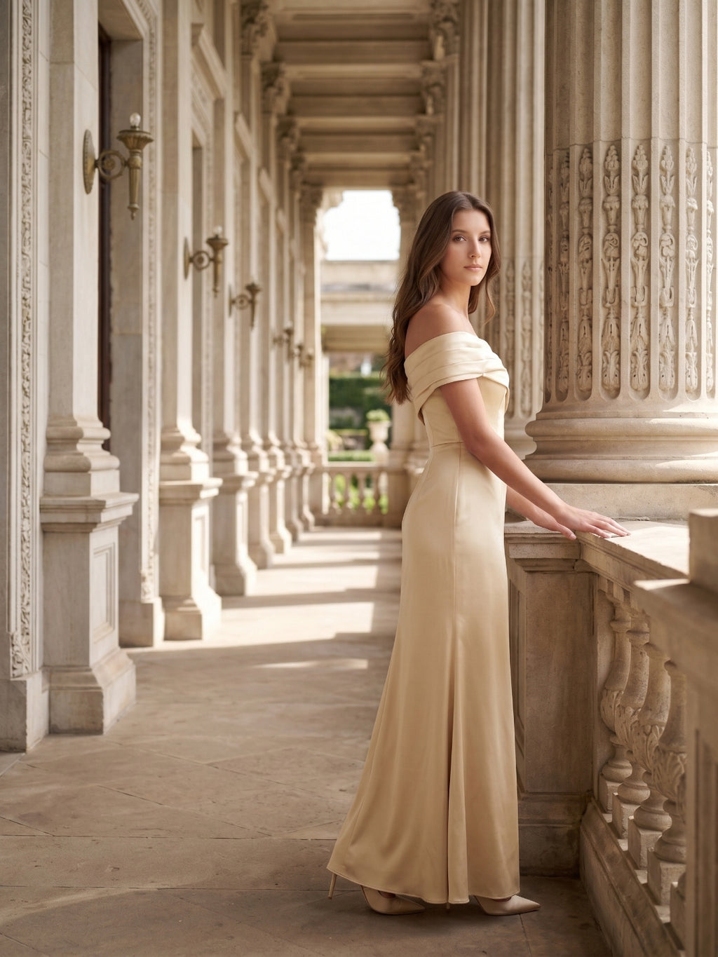 Champagne Satin Sheath Off-the-Shoulder Side Zip Floor-Length Bridesmaid Dress