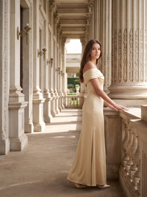 Champagne Satin Sheath Off-the-Shoulder Side Zip Floor-Length Bridesmaid Dress