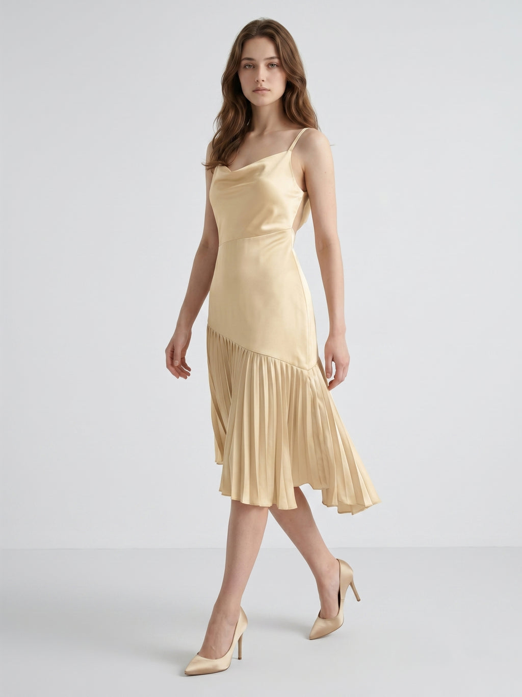 Champagne Satin Sheath Square Neck Side Zip Knee-Length Bridesmaid Dress with Pleats