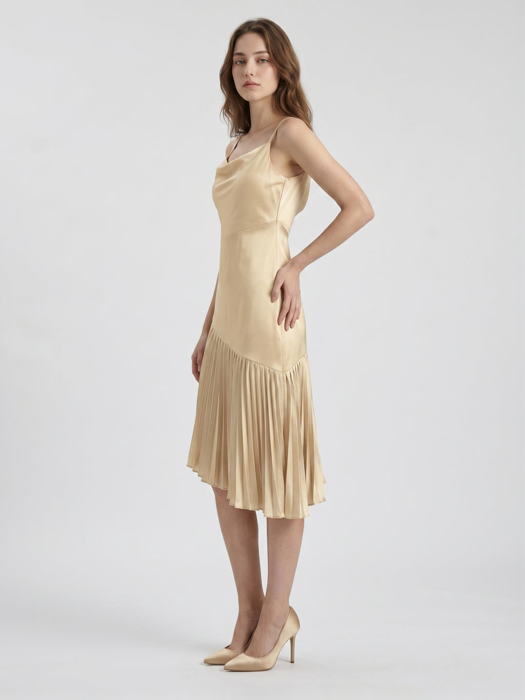 Champagne Satin Sheath Square Neck Side Zip Knee-Length Bridesmaid Dress with Pleats