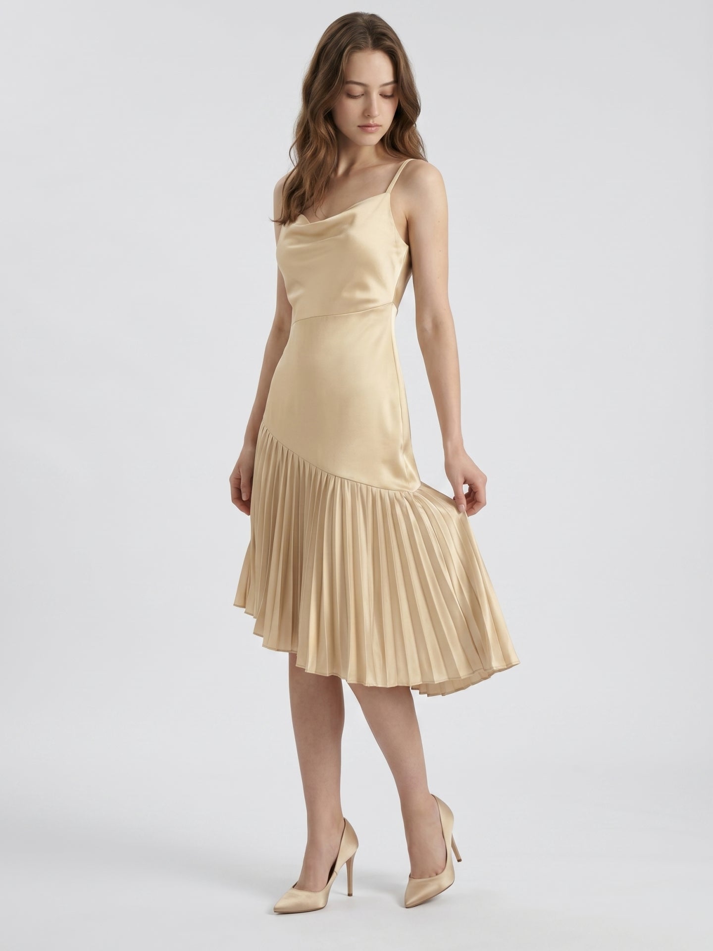 Champagne Satin Sheath Square Neck Side Zip Knee-Length Bridesmaid Dress with Pleats