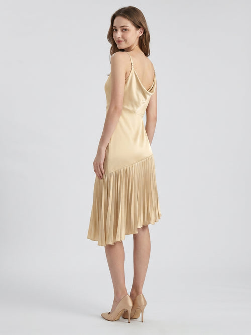 Champagne Satin Sheath Square Neck Side Zip Knee-Length Bridesmaid Dress with Pleats