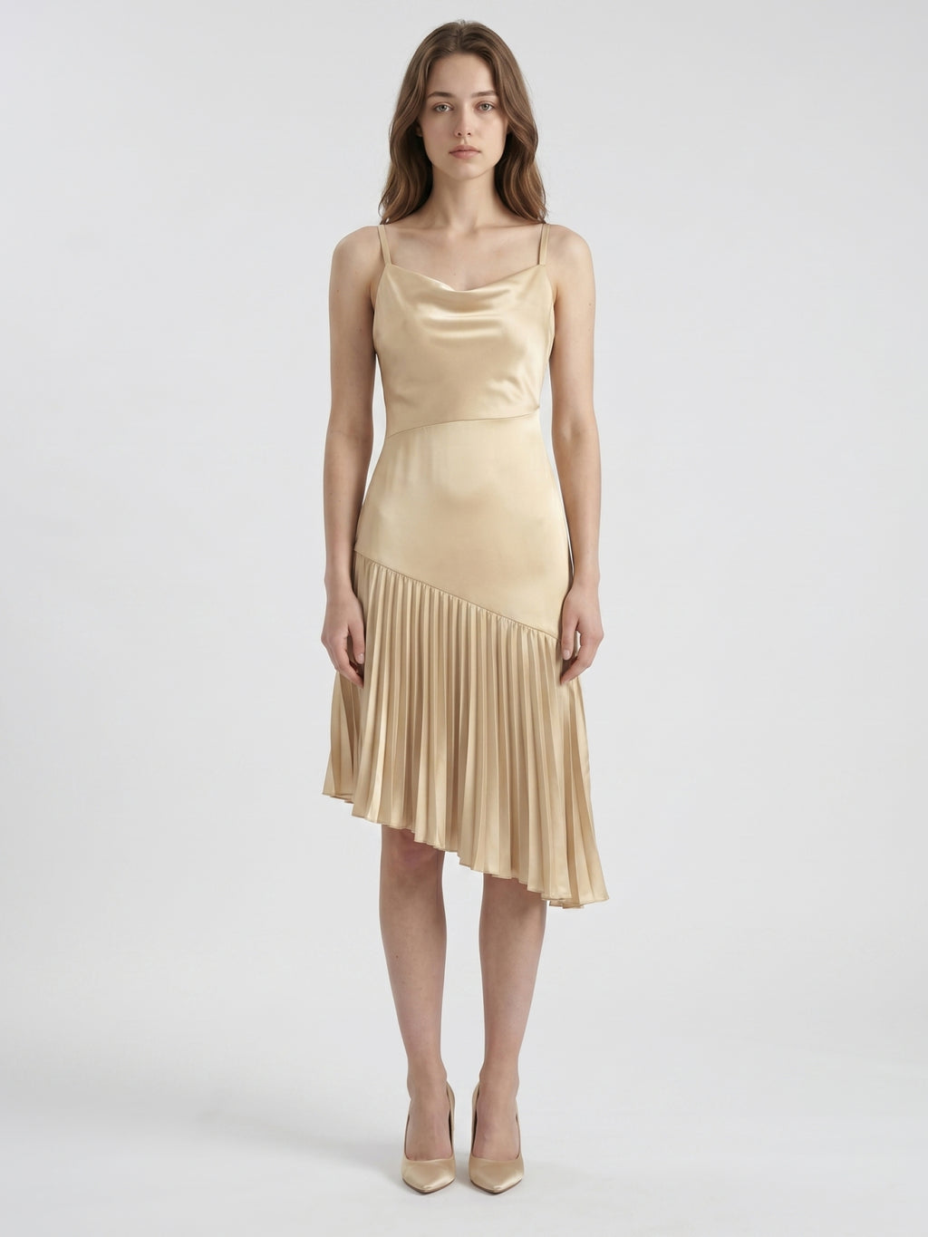Champagne Satin Sheath Square Neck Side Zip Knee-Length Bridesmaid Dress with Pleats