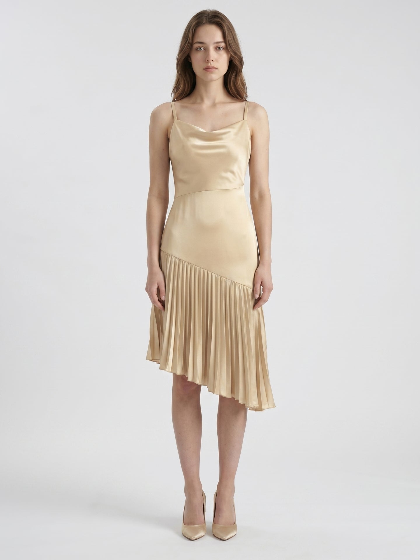 Champagne Satin Sheath Square Neck Side Zip Knee-Length Bridesmaid Dress with Pleats