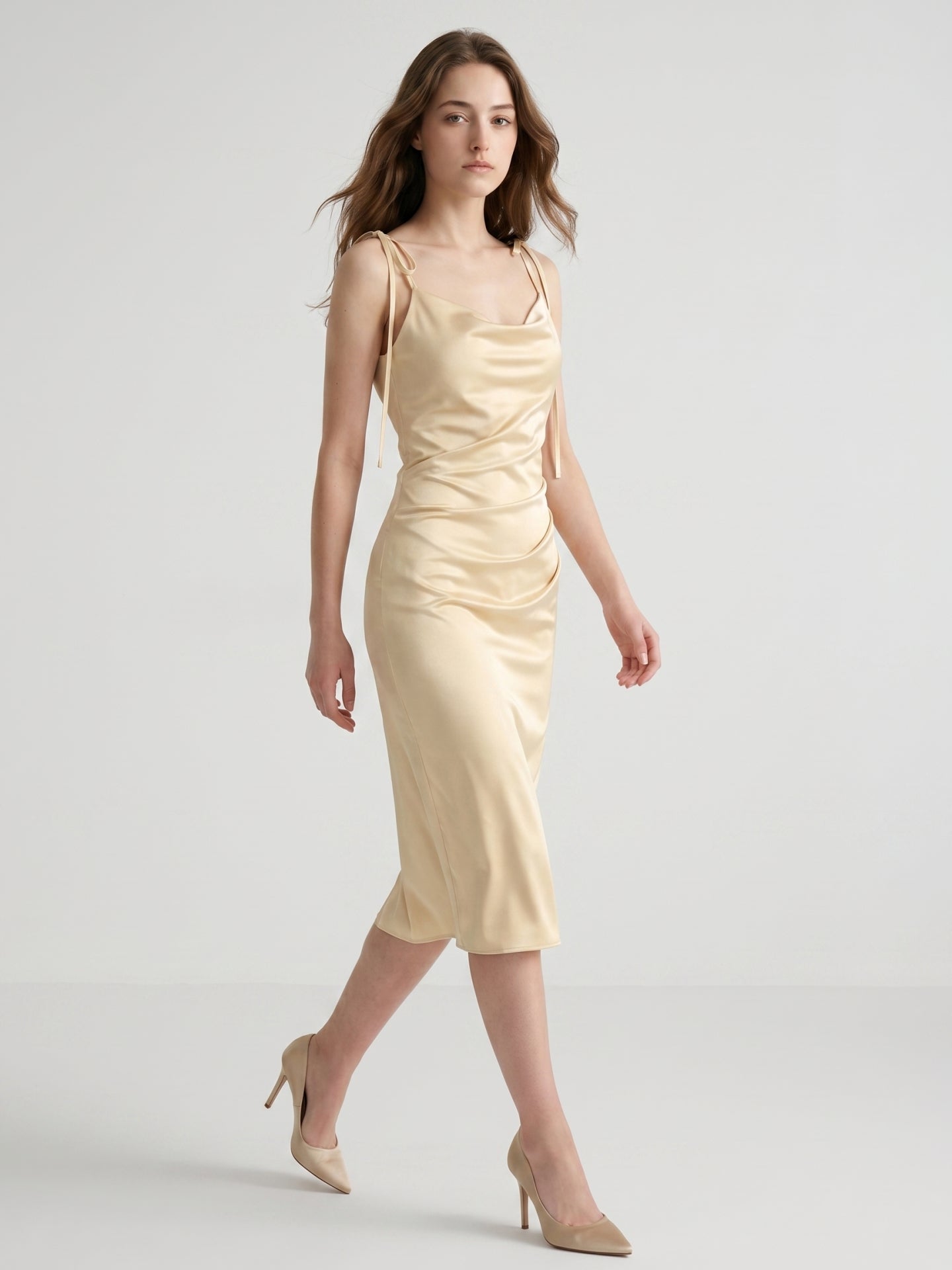 Champagne Satin Sheath Square Neck V-Back Knee-Length Bridesmaid Dress