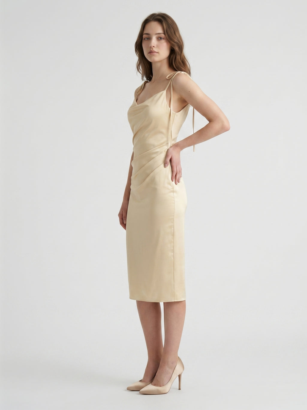 Champagne Satin Sheath Square Neck V-Back Knee-Length Bridesmaid Dress