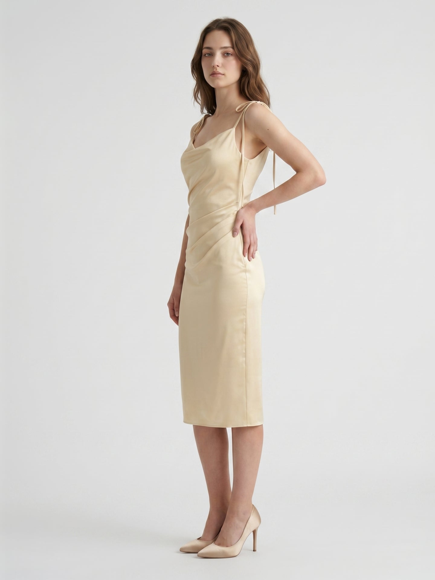 Champagne Satin Sheath Square Neck V-Back Knee-Length Bridesmaid Dress