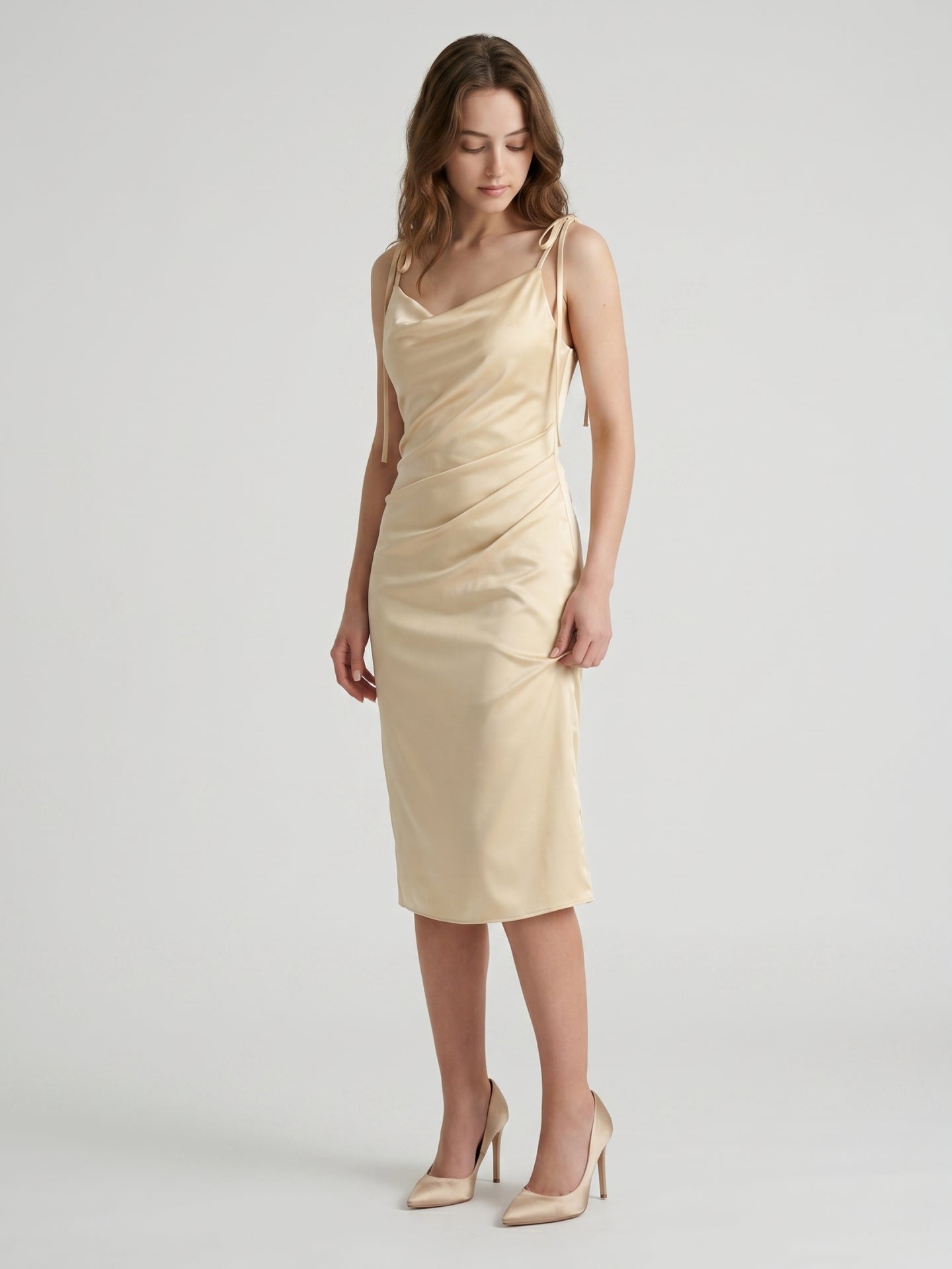 Champagne Satin Sheath Square Neck V-Back Knee-Length Bridesmaid Dress