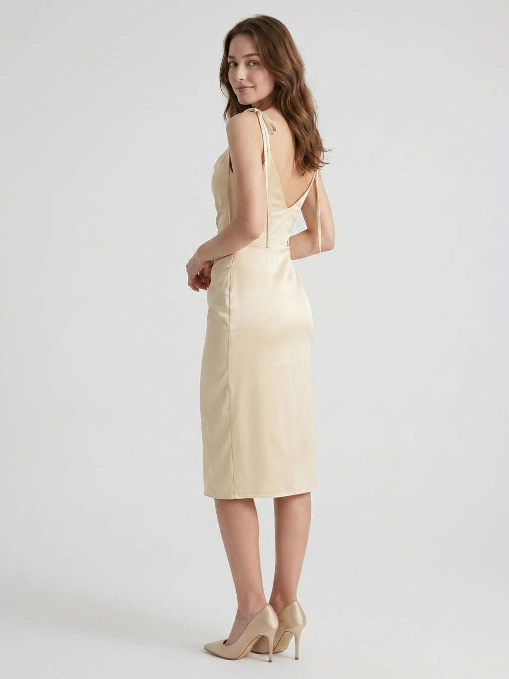 Champagne Satin Sheath Square Neck V-Back Knee-Length Bridesmaid Dress